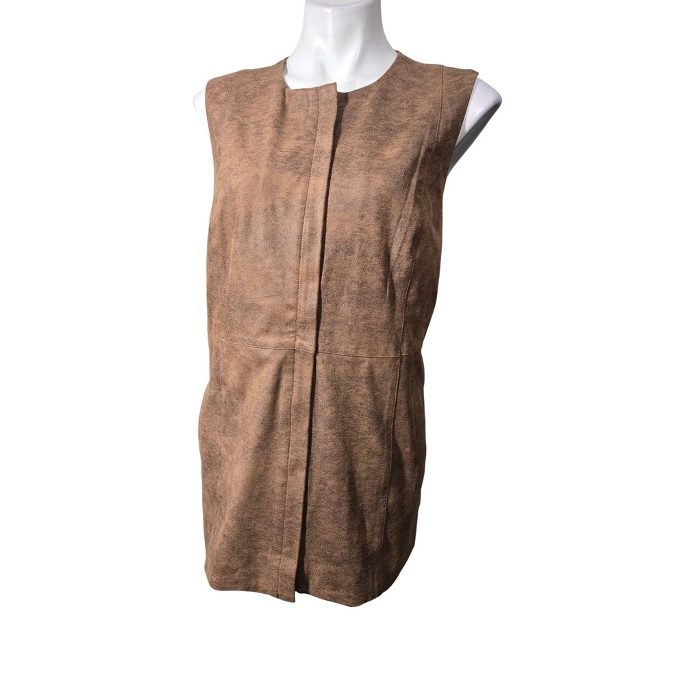 Chicos Brown Distressed Faux Leather Long Vest Zip Front Size 2/L 10-12